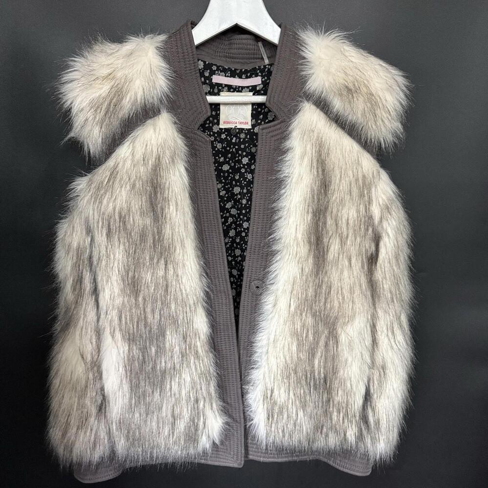 REBECCA TAYLOR SZ L large Faux Fur Jacket Vest Vest Coat Boho White